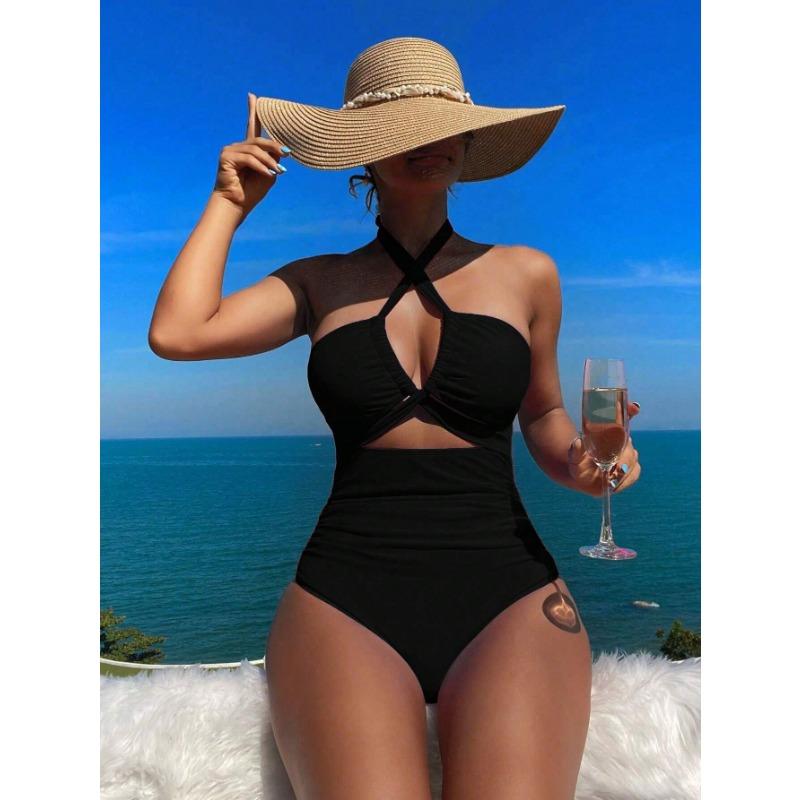 New bikini solid color sexy high waist one-piece bikini swimsuit swimsuit women