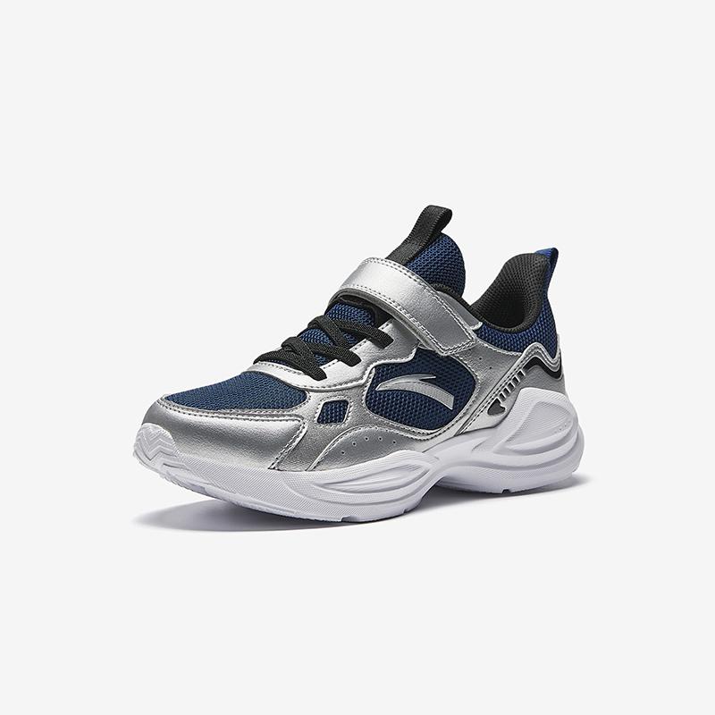 Anta Kids Synthetic Leather Fabric Trendy Versatile Lightweight Shock Absorbing Low Top Running Shoes Men sneaker Deep-Navy-Blue Silver A12445577-1