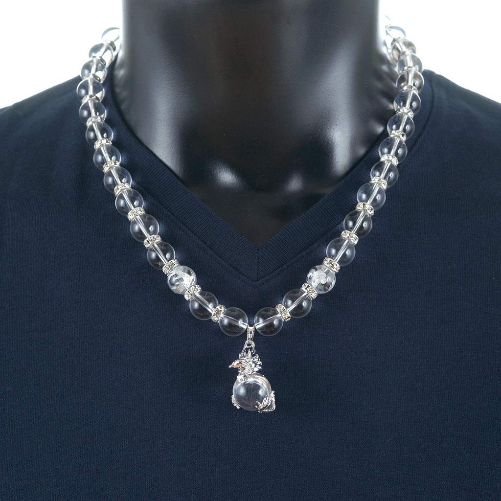 [Seki-Ki] Shining Emperor Dragon Crystal Pendant 4A Silver Carved Emperor Dragon Crystal 12mm Silver Rondelle Prayer Beads Necklace 249