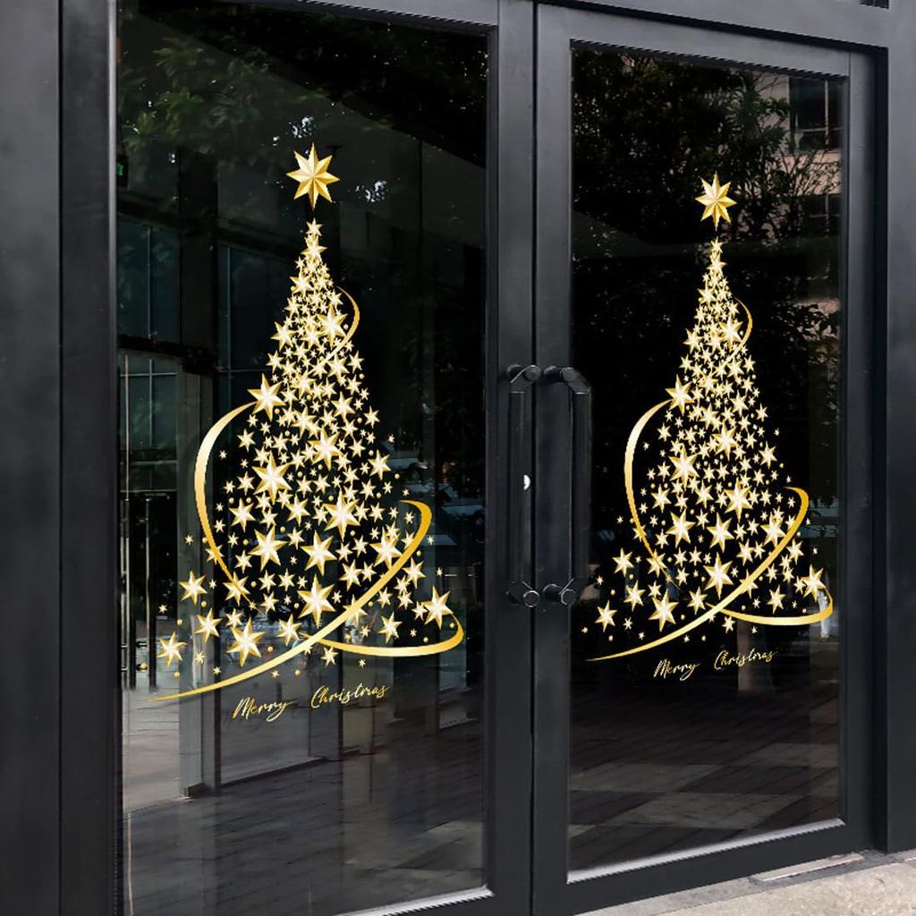 Christmas Tree Window Clings Stickers for Glass, Extra Large Golden Xmas Windows Static Stickers, DIY Wall Window Door Mural Showcase Decal Sticker