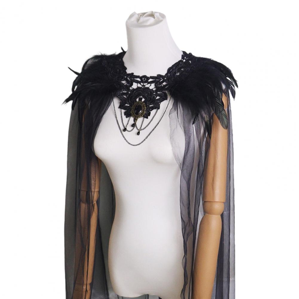 Design Black Yarn Black Tulle Draped Veil Black Feathered Shoulder Wrap Cape with Lace Collar Tulle Veil for Women for Halloween