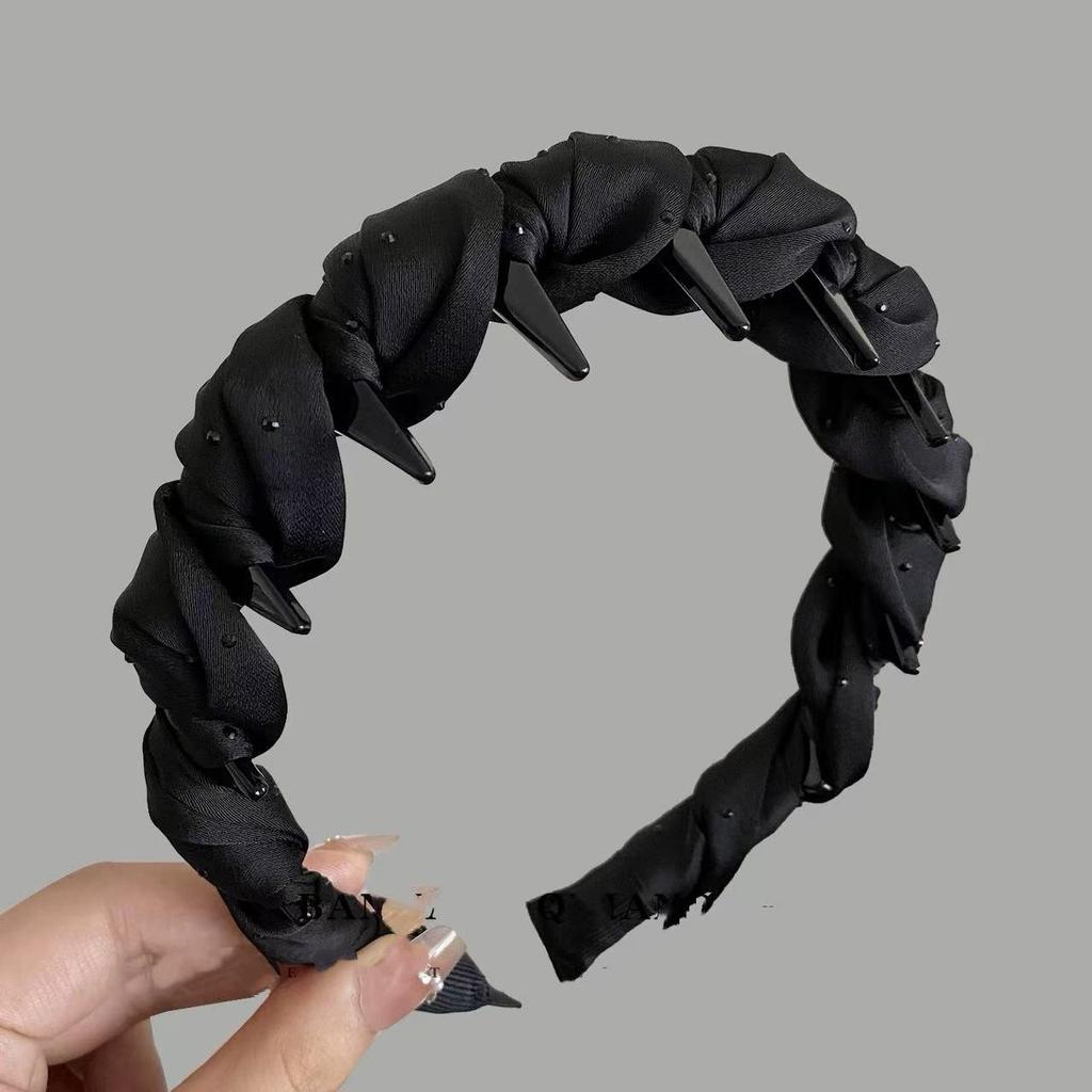 Women French Sparkling Pearl Wavy Headband, High Skull Top Toothed Hair Band, Non-slip External Wear Pressure-Reducing Hair Accessory