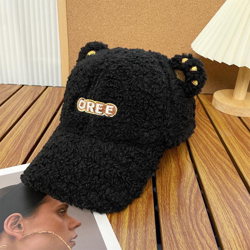 New Hat Women's Winter Cute Bear Baseball Cap Korean Style Trendy Versatile Warm and Face Friendly Lambswool Duck Cap