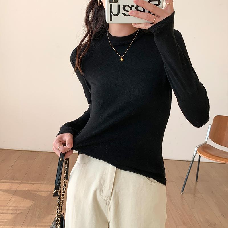 

Suit with bottoming shirt women s clothing autumn and winter new slim-fitting long-sleeved white T-shirt women s small stand-up collar top S чёрный