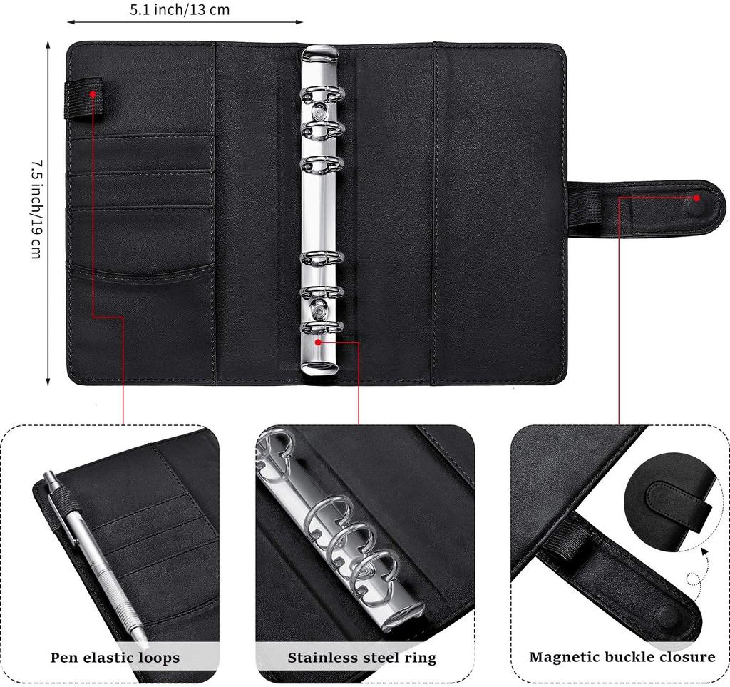PU Leather Notebook Binder Budget Planner Binder Cover with Binder Pocket Personal Cash Budget Envelopes System 6 Hole Binder Zipper Folder Black Co