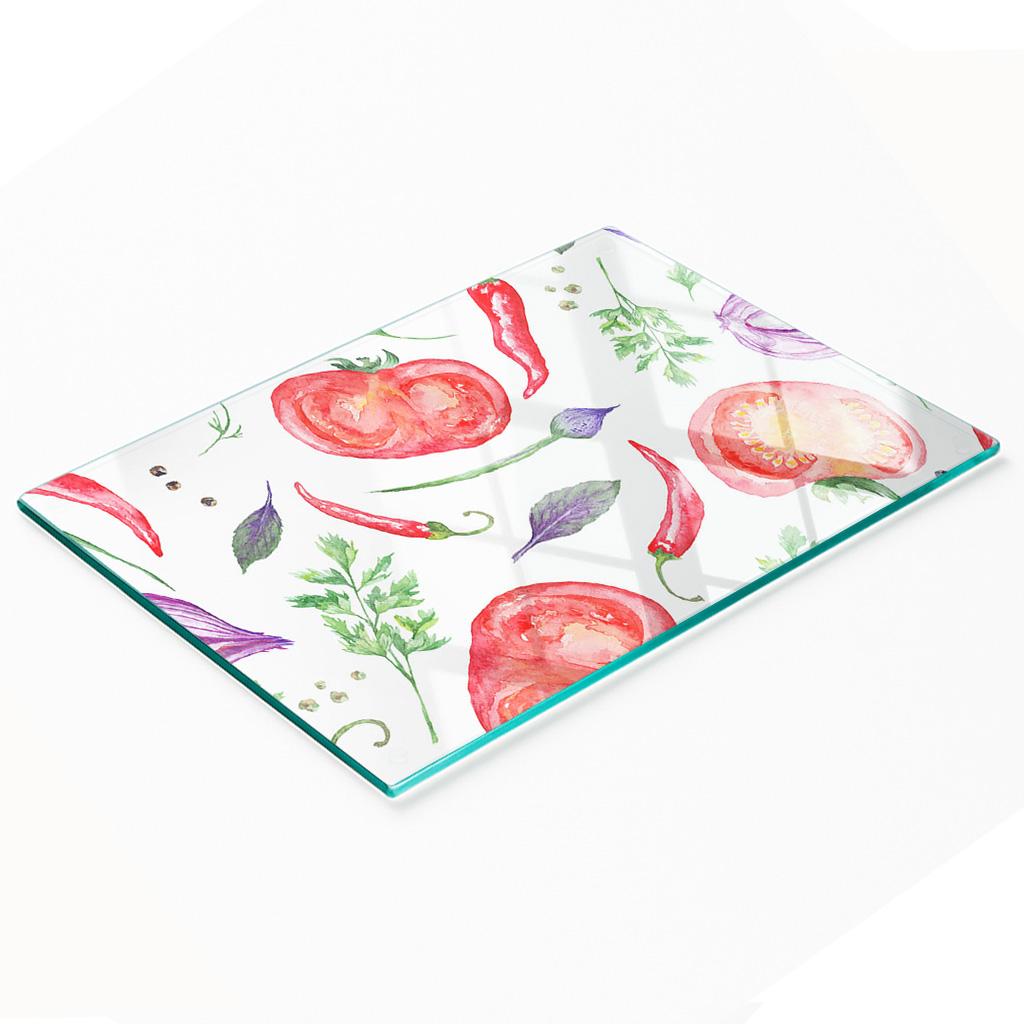 Tempered Glass Kitchen Board with Tomatoes and Spices Graphic 80x52 Cm