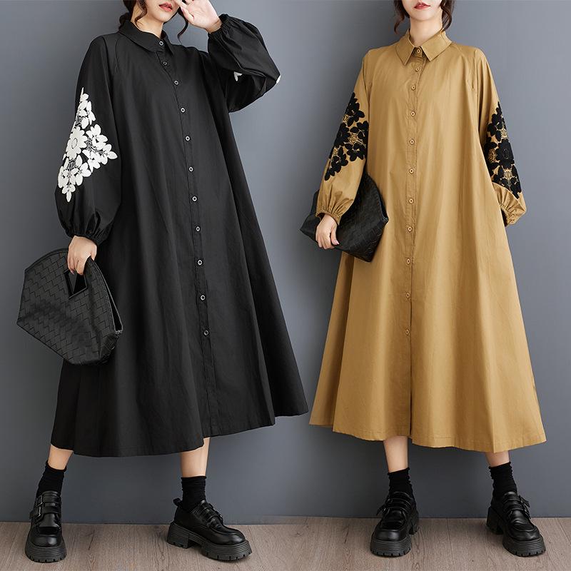 Real Shot Spring Autumn Loose Plus Size Patchwork Long Sleeve Shirt Dress One Size чёрный