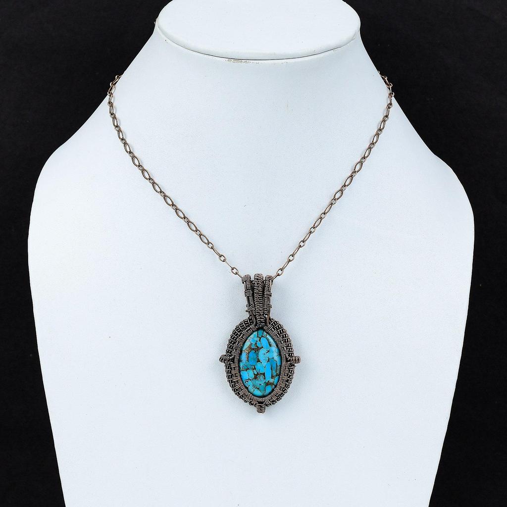 Copper Blue Turquoise Pendant Copper Wire Wrapped Pendant Awesome Gemstone Jewelry Handmade Pendant Copper Wire Wrap Jewelry Gift For Mother