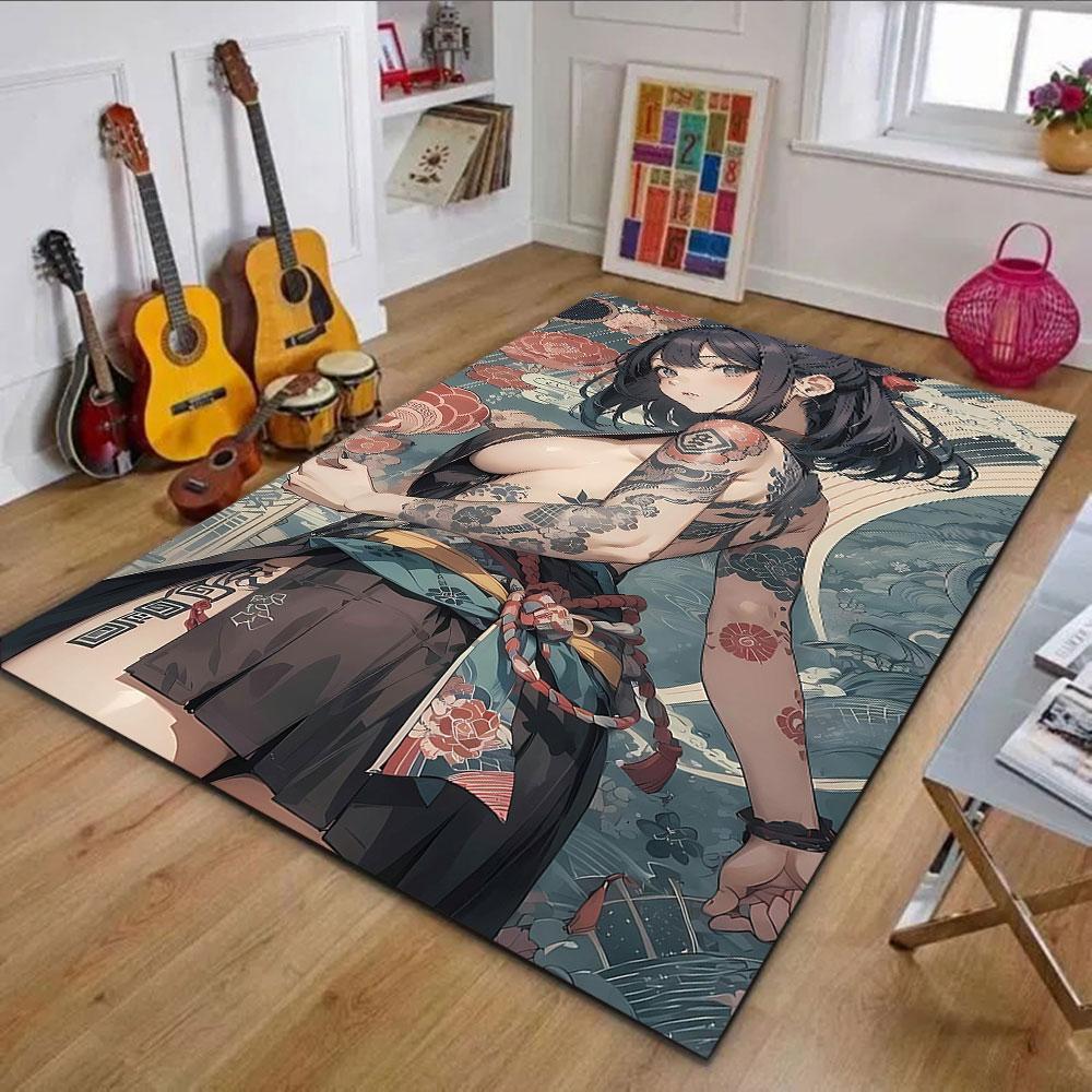 Tattooed Samurai-Inspired Anime Girl Art Patterned Carpet, Non Slip Mat Suitable for Living Room and Bedroom Sofas
