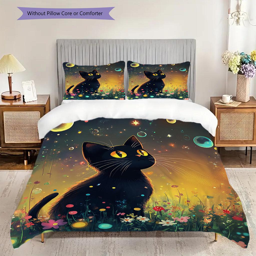 Black Cat Pattern Bedding Quilt Set Quilt Cover Pillowcase Home Decoration Birthday Gift (1 * Duvet Cover + 2 * Pillowcase, Without Core)