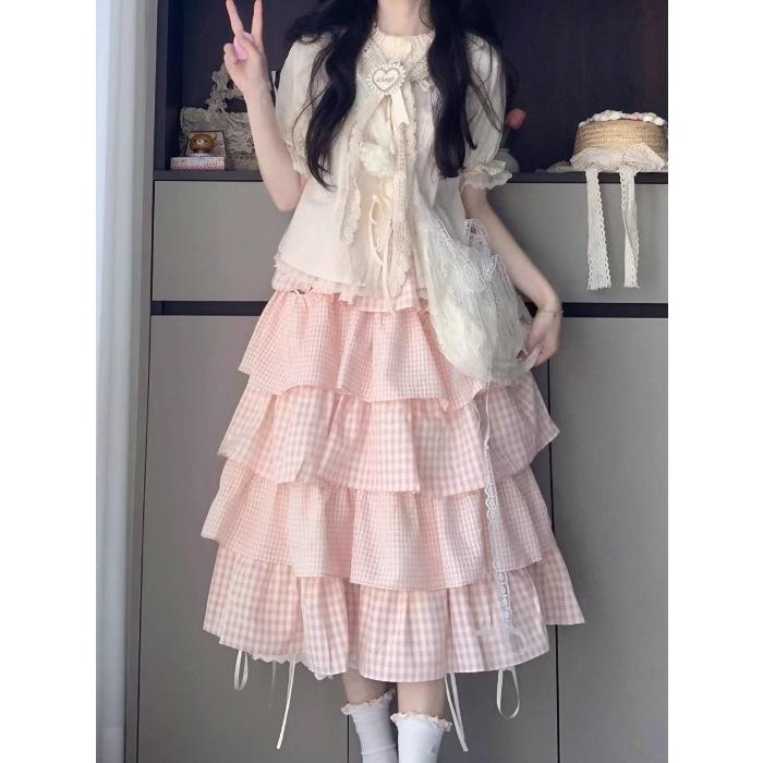 Cute Sweet Girl Dopamine Wears a Complete Set of Women's Summer College Style Straps Shirt Pink Plaid Cake Skirt Two-piece Set