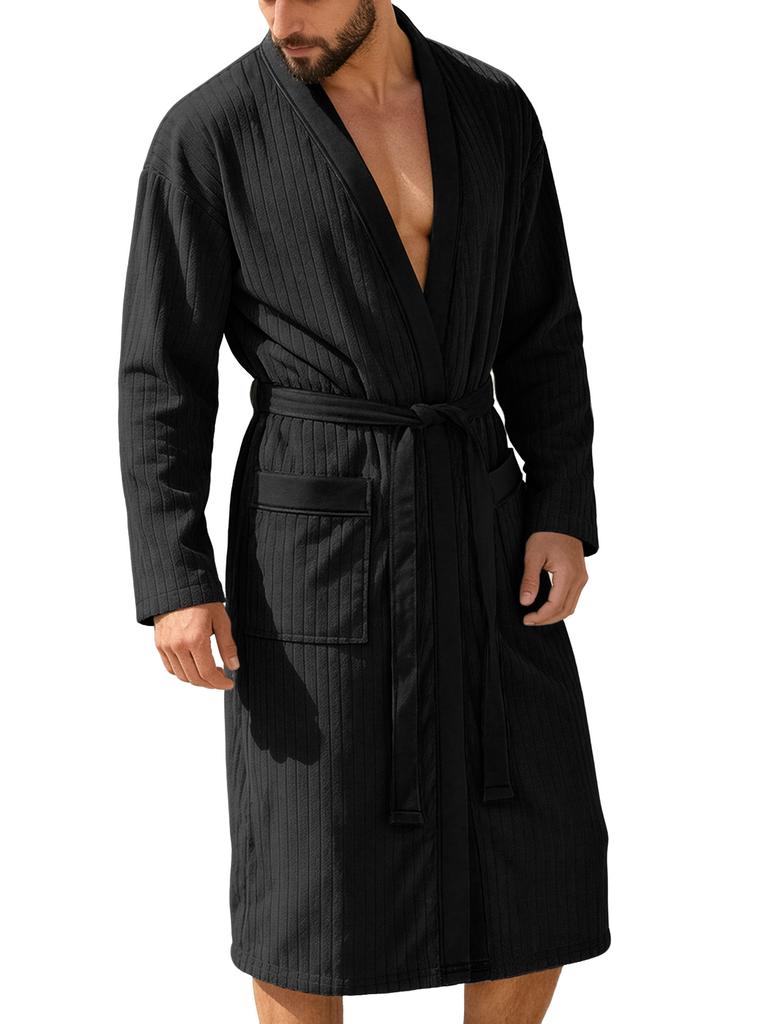 Mens Long Jacquard Solid Color Belted Bath Robe Plus Size Home Loungewear