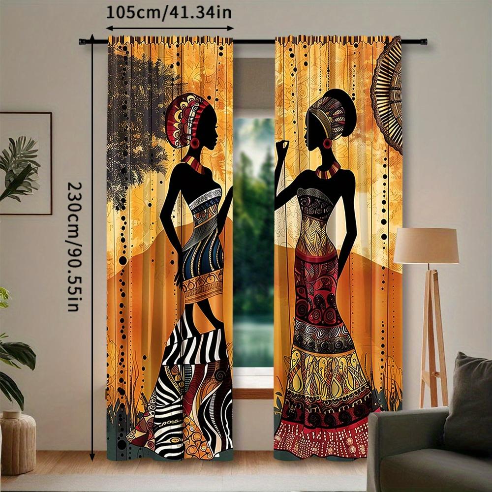 African Women Print Rod Pocket Window Curtains - 2pcs Woven Polyester Pongee Decorative Panels for Bedroom   Living Room and Offi