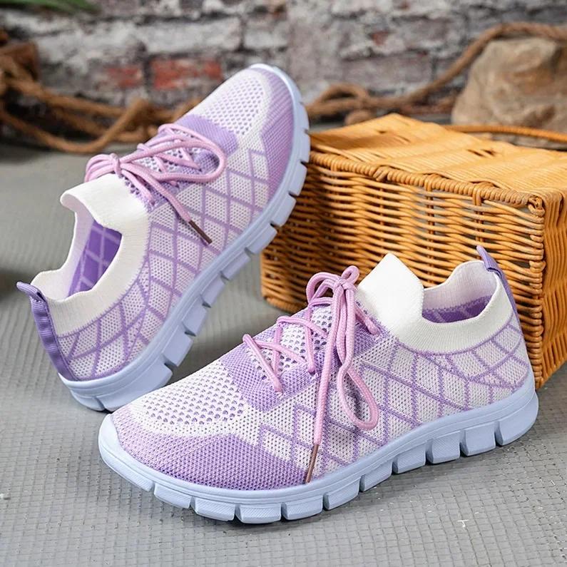 

Fashion Women s Fashion Strip Plaid Knitted Sneakers Soft Sole Breathable Mesh Running Shoes for Women Lightweight Slip On Tennis Shoes 36