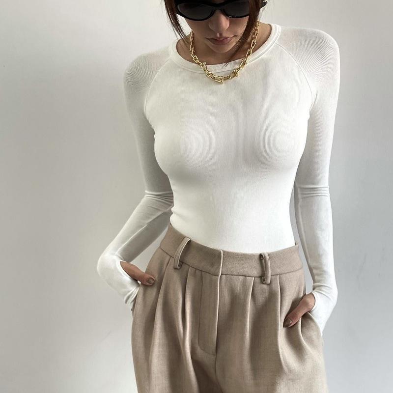 

Женский повседневный облегающий боди с длинным рукавом, весна-осень, сексуальный облегающий базовый однотонный комбинезон с круглым вырезом L белый