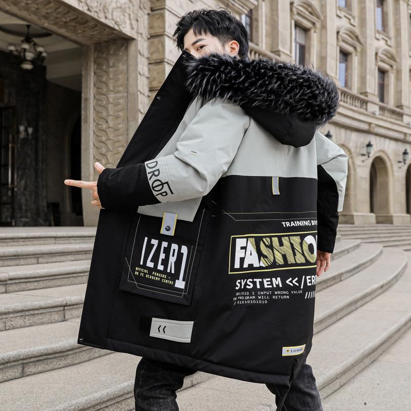 Men'S Casual Mid-Length Winter Down Jacket, Hooded Coat with Faux Fur Collar, White Duck Down Filler, Long Sleeve, Zipper Placke