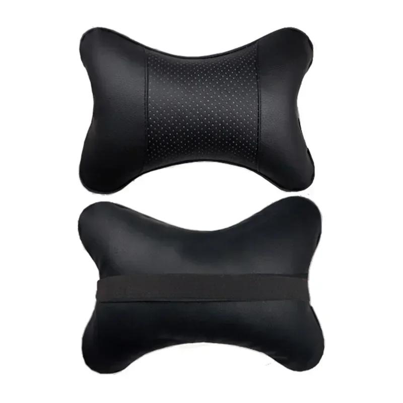 1pc Car Neck Pillow Both Side Pu Leather Headrest For Head Pain Relief Filled Fiber Black And Red Line Car Pillow 28x18x9cm