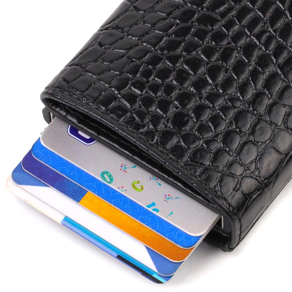 Unisex Tri-fold Automatic Cardholder Made of Genuine Leather with Crocodile Effect CANPELLINI 21930 Black