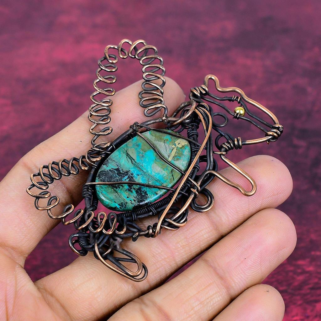 Chrysocolla Gemstone Pendant Copper Wire Wrapped Handmade Jewelry Rabbit Pendant