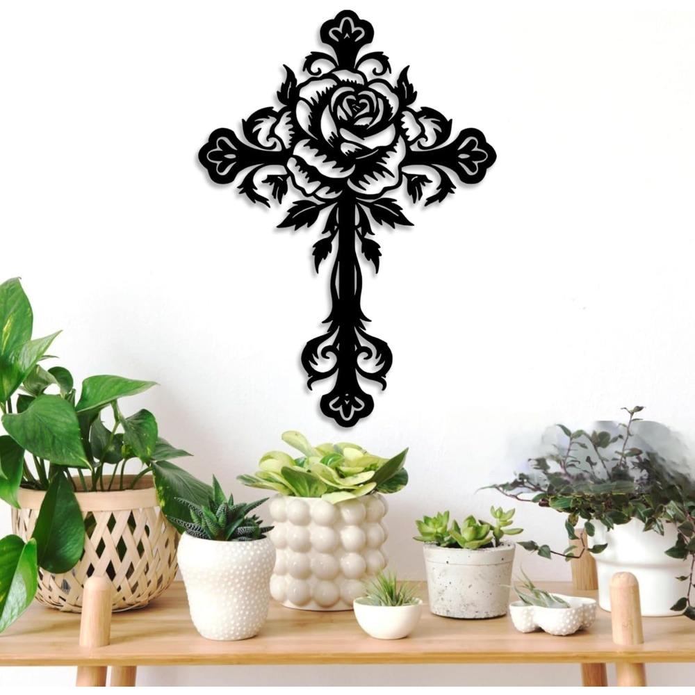 Forged Iron Cross Wall Art Black Metal Rose Gothic Home Decor Religious Decor Living Room Bedroom