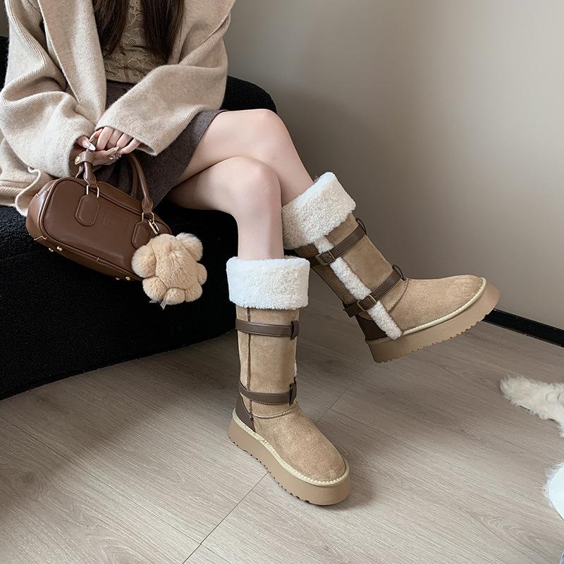 Damen Hoch Schnalle Mode Leichtgewichtige Weiche Sohle Winter Warm Fell Eins Schneestiefel Gepolstert Gefüttert Rutschfest Lässig Sport Baumwollstiefel