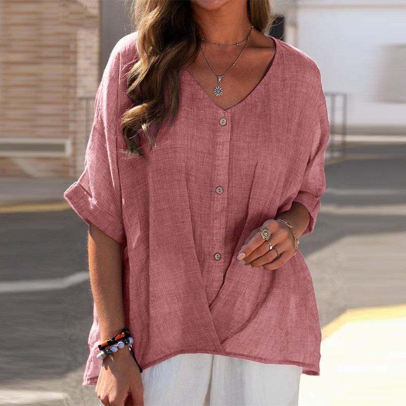 Cotton and Linen Pullover Short Sleeved Loose Fitting Women's Shirt Casual Top