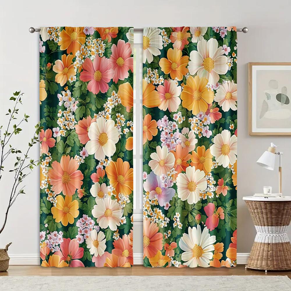 2pcs, Curtain Cloth 2D Print Beautiful Flowers Polyester (without Rod) Thermal Insulation, and Room Darkening Functions Perfect