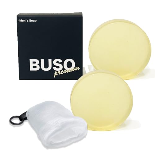 BUSO Premium [Value Pack of 2 85g Buso Soap Bars with 4-Layer Foaming Net] Men s Facial Cleansing Soap with Water-Soluble Proteoglycan, Hyaluronic Aci