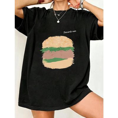 Übergroßes T-Shirt Schwarz Burger-Grafik Und Text Richtung Nan Lässige Streetwear Für Damen