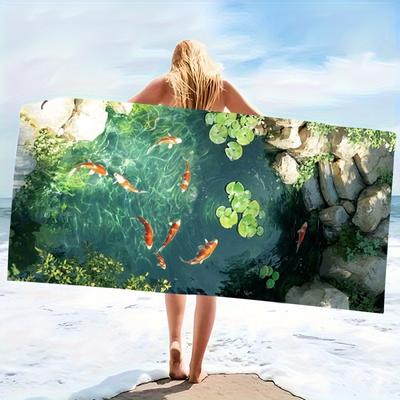 Koi Pond Scenery Beach Towel - Super Absorbent Quick Dry Microfiber, Realistic Nature Print Blanket for Picnic & Outdoor