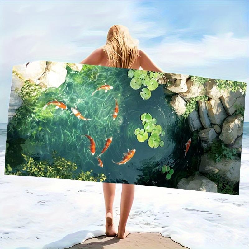 Koi Pond Scenery Beach Towel - Super Absorbent Quick Dry Microfiber, Realistic Nature Print Blanket for Picnic & Outdoor