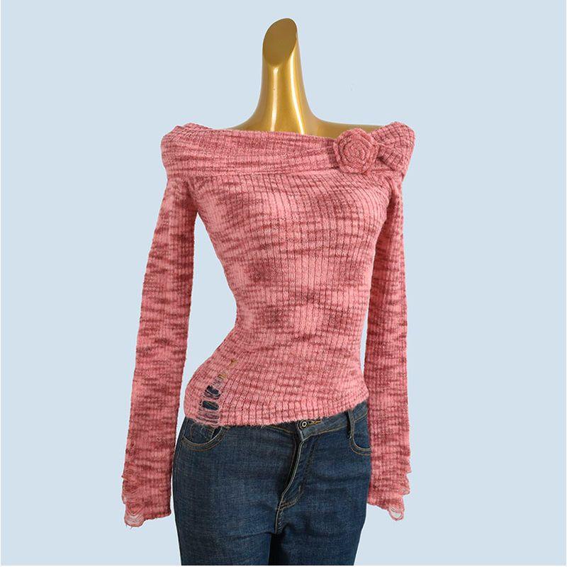 French Style Blooming off-Shoulder Long Sleeve Knitted Autumn New Slim Fit Design Bottoming Shirt Slim Fit Slimming Temperament Top