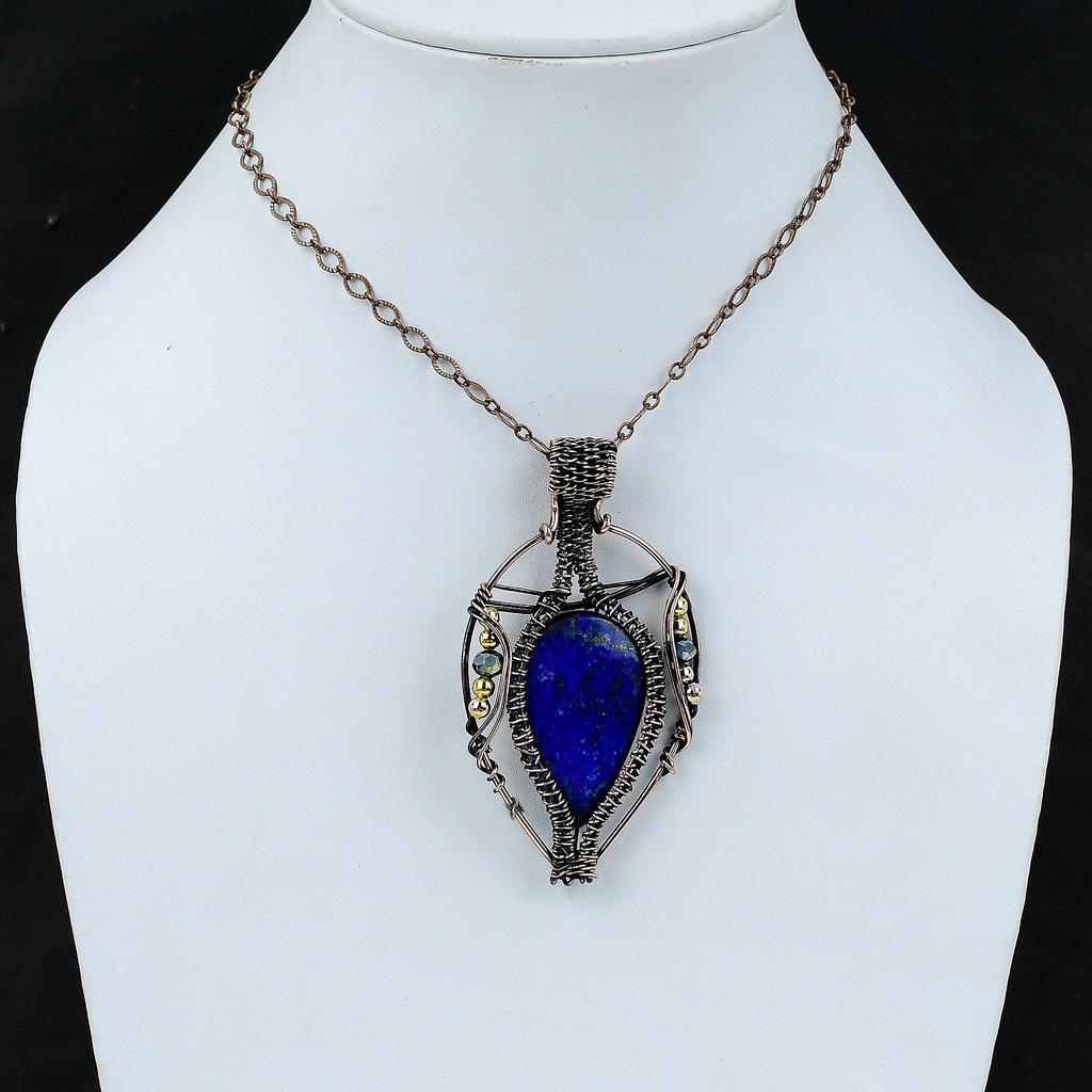 Lapis Lazuli Pendant Copper Wire Wrapped Pendant Titanium Beads Pendant Gemstone Copper Jewelry Designer Pendant Handmade Wire Wrap Jewelry