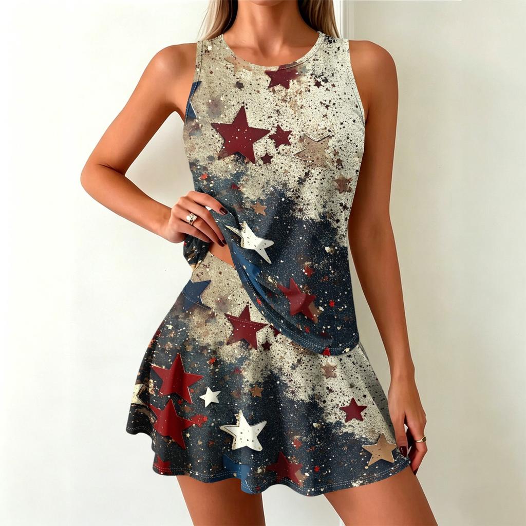 Ärmelloses Tankkleid mit Sternenprint für Damen, lässig, Rundhalsausschnitt, A-Linie, Minikleid, Leichtes Sommer-Outfit