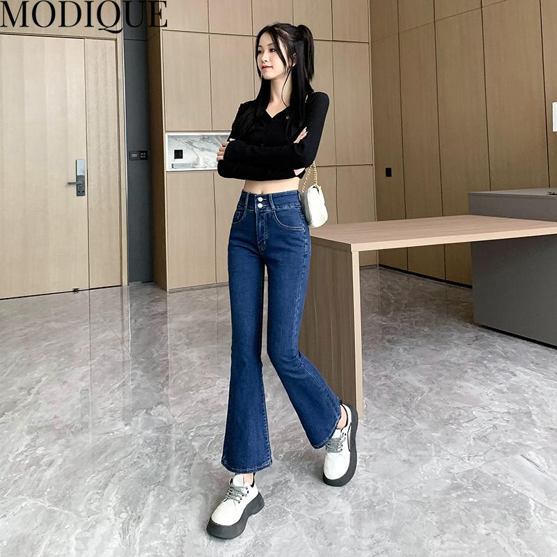 MODIQUE Autumn Plus Size New Women Bell-Bottoms Basics Elastic Pants Full Length Lady High Waisted Casual Long Jeans Female Denim   Trousers