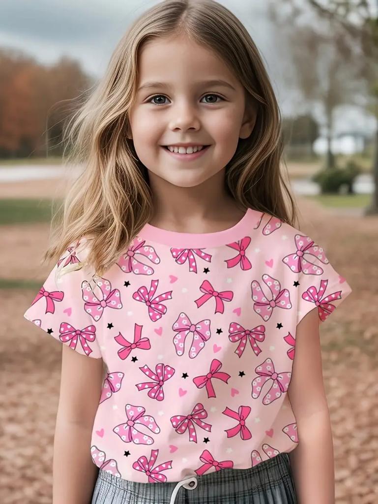 T-shirt Fille Mignon Motif Nœud d'Amour Manches Courtes pour Enfants T-shirts Graphiques Vêtements Y2k Mode Filles Pull Hauts d'Été