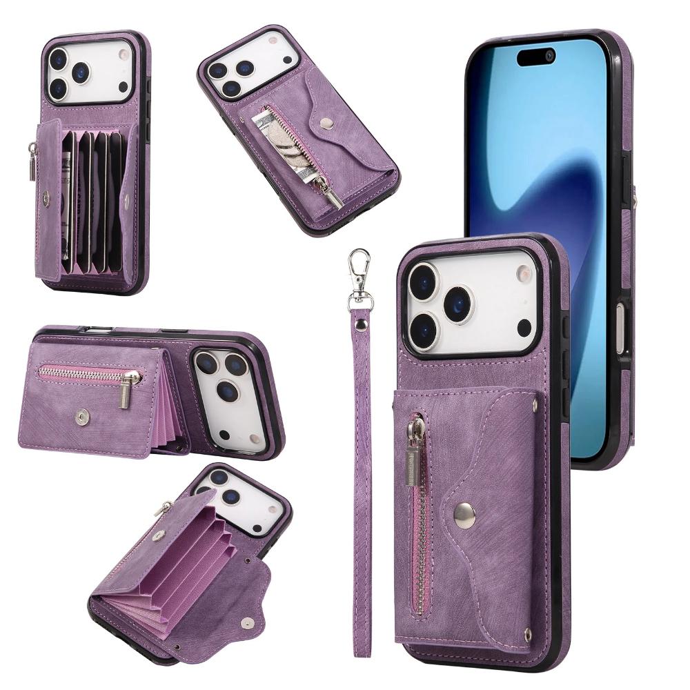 Phone Case for iPhone 17 Pro Max 16E Air 16 Pro 15 Plus 14 13 Mini 12 11 Lanyard Zipper Plain Leather Card Holder Wallet Cover
