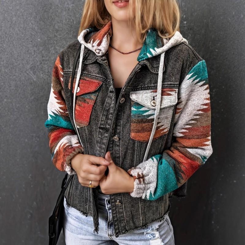 Damen Oversize Jeansjacke Mit Kapuze Patchwork Kontrastfarbe Retro Vintage Stil Langarm Lockerer Schnitt
