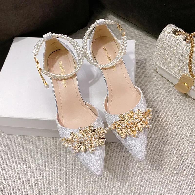 Fashion Shoes for Women Fashion Pointed Metal Beaded Solid Women's High Heels Summer Leisure Banquet Women Wedding Dress Pump 2025