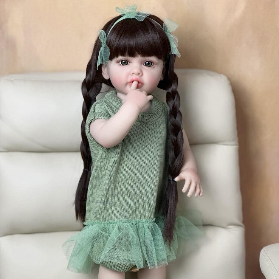 Papusa Renascuta Fetita Corp din Silicon 55 CM 22 Inch Realista Realista Printesa Toddler Bebe Jucarie cu Par Long Maro