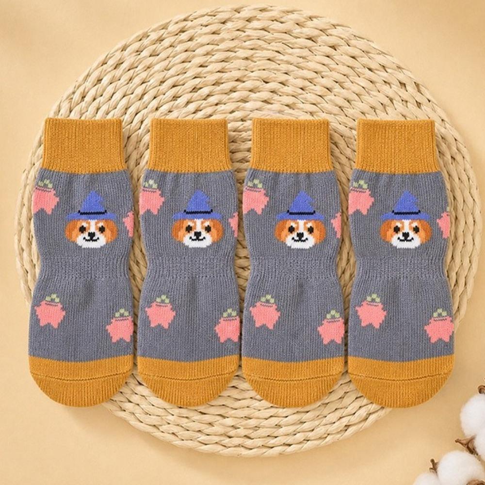 4PCS Breathable Halloween Pet Socks Soft Warm Adjustable Anti-Slip Dog Socks Elastic with Strap Paw Protectors Slippery Floors 2