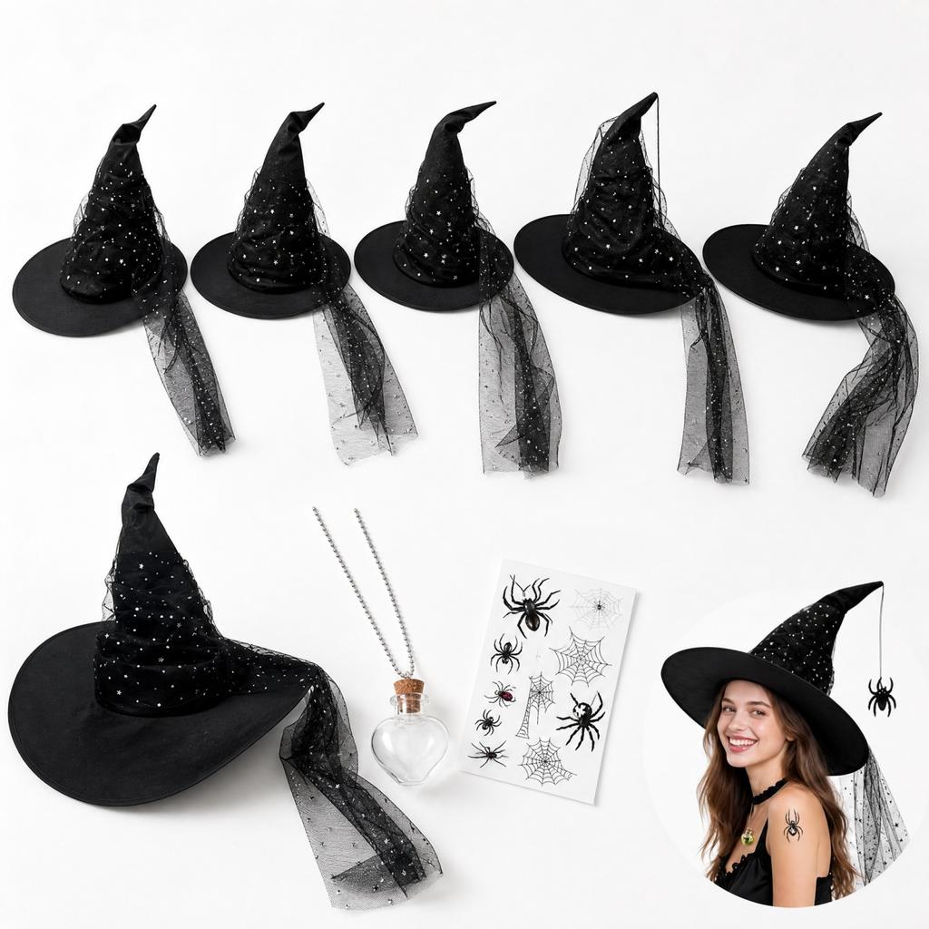 Black Pleated Mesh Witch Hat for Halloween