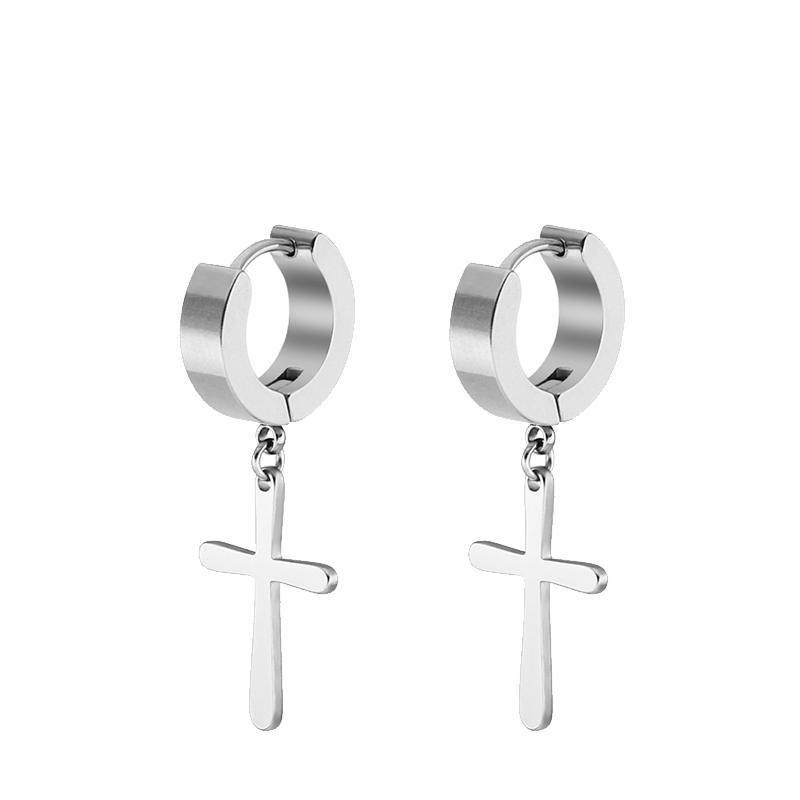 2PC Men Punk Cross Stars Dangle Earrings Women Gothic Stainless Steel Cross Ear Stud Earrings Piercing Huggies Pendant Zircon