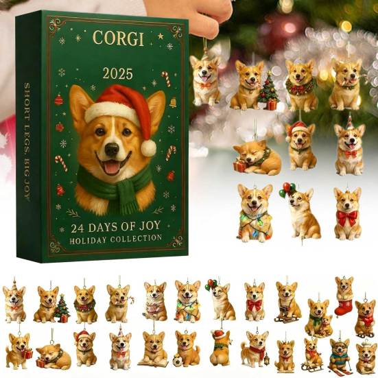Coigi Adventskalender 2025 24 Tage Weihnachts-Countdown mit 24 Acryl 2D Niedlichen Corgi Anhängern Hunde-Themen Ornament Set Weihnachtsgeschenk für Sammler