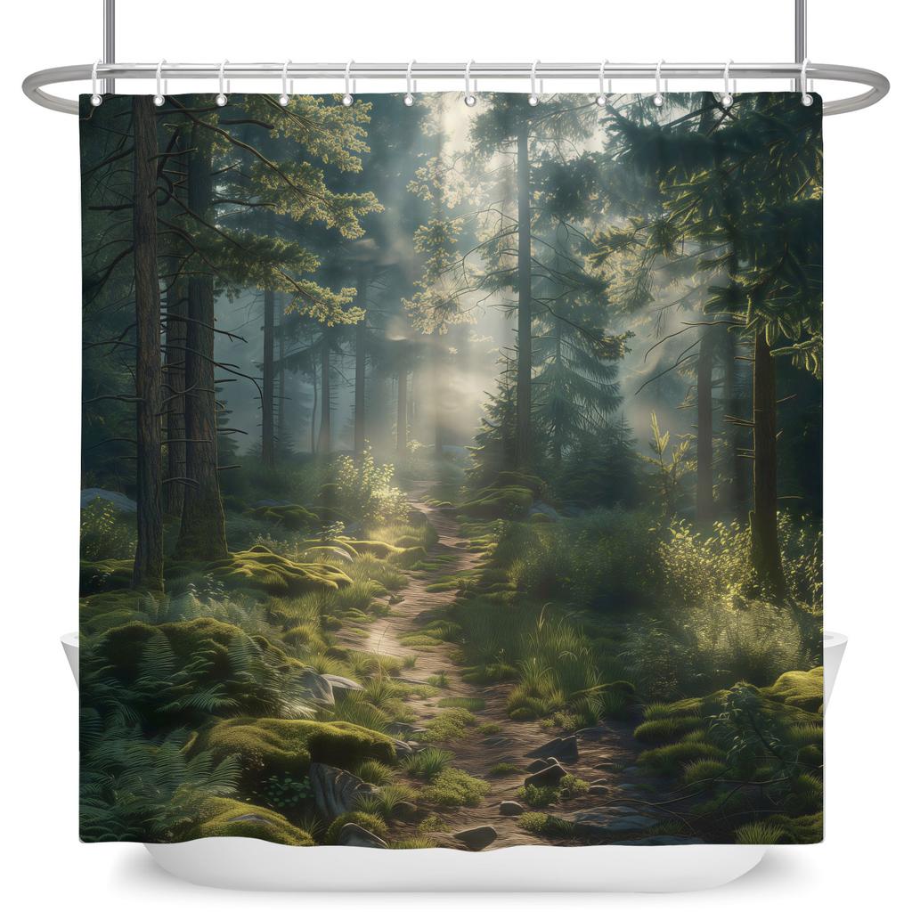 Tropical Forest Shower Curtain Natural Scenery Waterproof Trees Moss Bathroom Partition Screen Bath Curtain Polyester With Hooks