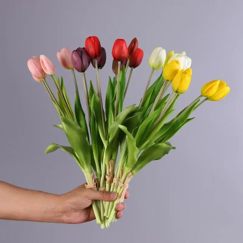 5pcs Artificial Flowers Soft Tulip Fake Flower Real Touch Home Garden Table Wedding Decoration Simulation 5-Head Tulips Bouquet