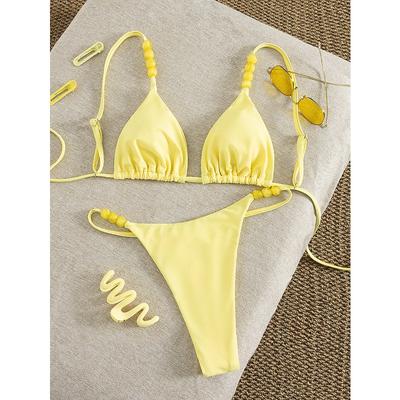 Sexy Set Bikini Micro Giallo 2026 Donna Cinturino con Perle Reggiseno Push Up Costume da Bagno a Triangolo Costume da Bagno Estivo Costumi da Bagno per le Vacanze Biquini