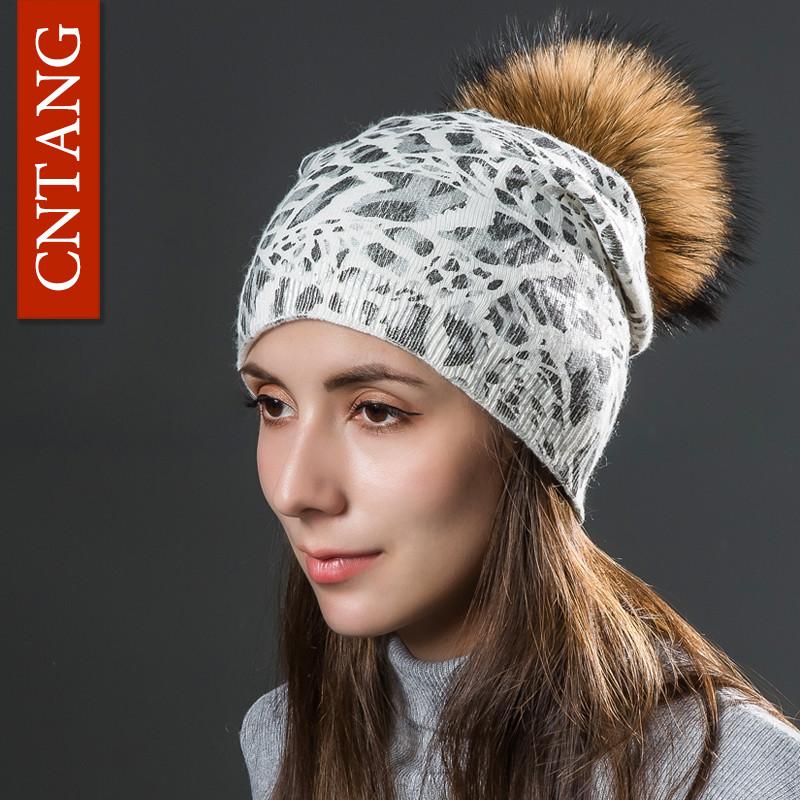 Women Winter Warm Hats Fashion Bronzing Leopard Hats with Natural Pompom Fur Caps Female Knitted Wool Hat Raccoon Beanies