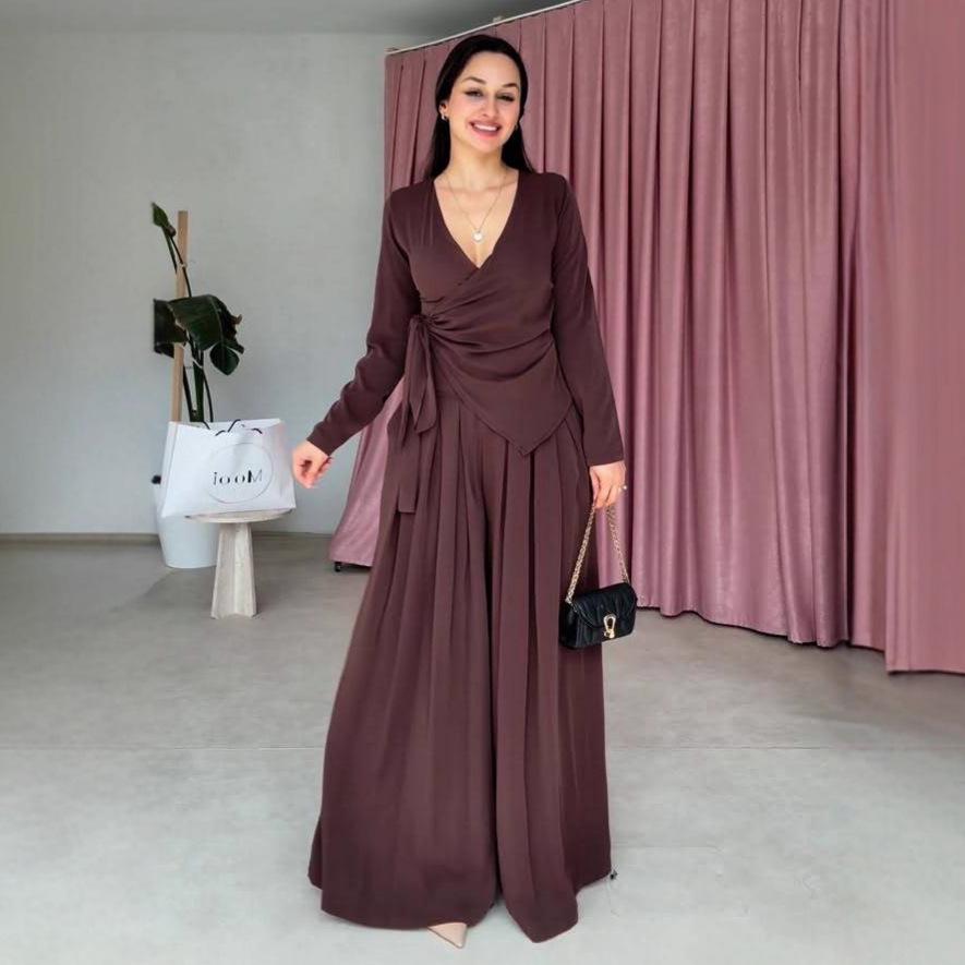 2025 Fall Women's Solid V-Neck Long-Sleeve Ruched Top & Wide-Leg Pants Set