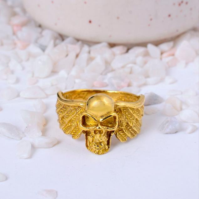 Winged Skull Gold Plated Statement Ring | Biker Gothic Brass Jewelry for Men & Women | Punk Rock Gift